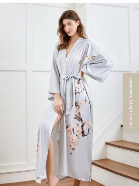 Elegant Light Gray Floral Satin Robe with Tie Belt